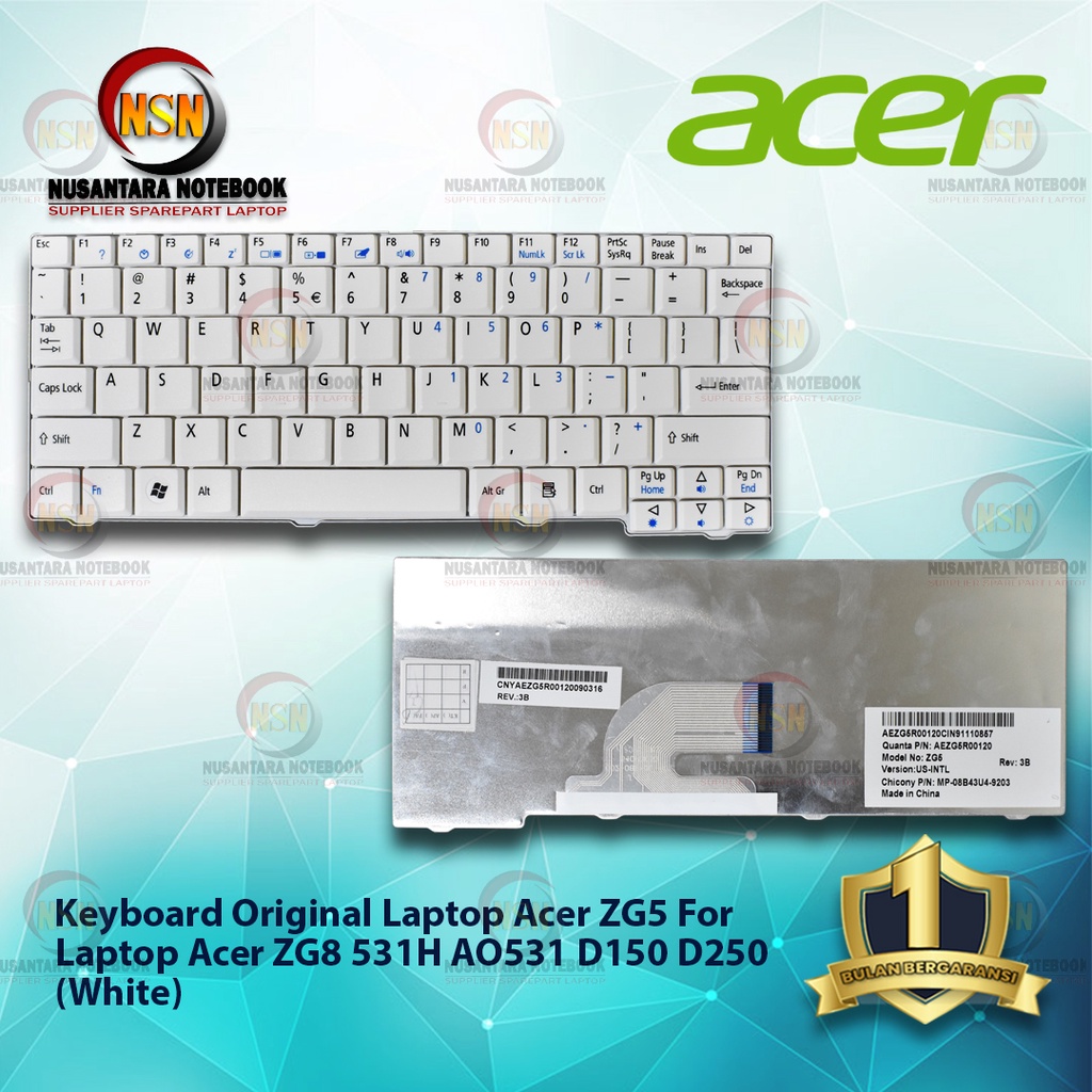 Keyboard Acer Aspire One ZG5 ZG8 531H AO531 D150 D250 Putih White