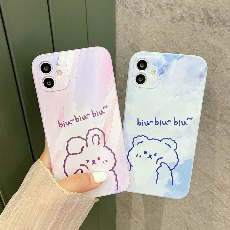 Cube Frosted Silicone Case iPhone 6S 7 8 Plus XR XS Max ipHone 11 12 13 Pro Max Casing Cute Xiaomi Redmi 9A 9T nOTE 8 9 10 Pro Cartoon Back Cartoon Bear Protect Case Girl Fashion