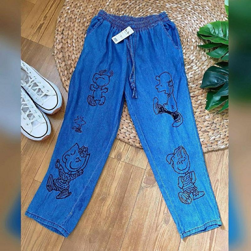 Snoopy Jeans Pants, CELANA JEANS WANITA CANTIK MURAH FIT XL PINGGANG KARET BAHAN JEANS WASH MIX BORDIR LP 66-100