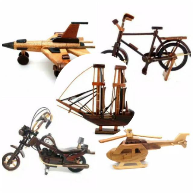 PAKET HEMAT PAJANGAN MINIATUR KAYU ISI 5 PCS KODE 2 ISI SEPEDA ONTEL HARLEY KAPAL PINISI PESAWAT F16