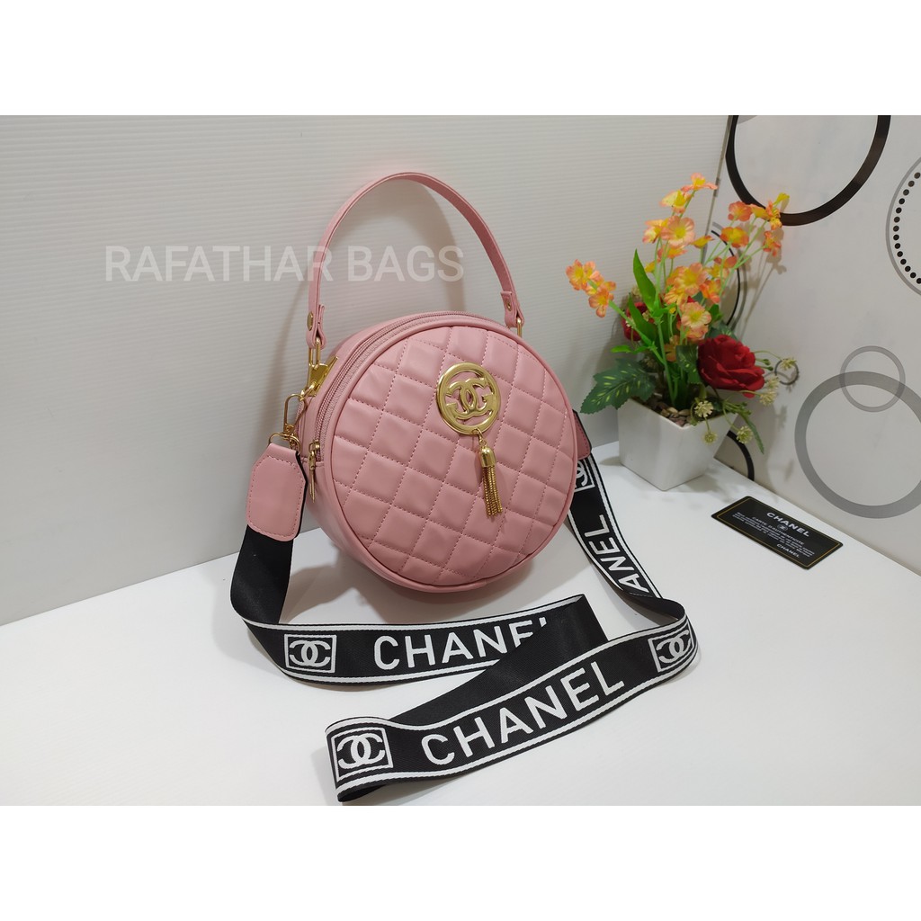 PROMO!!!Tas slempang wanita CHANE.LL bulat Top handle bag bahan bordir halus