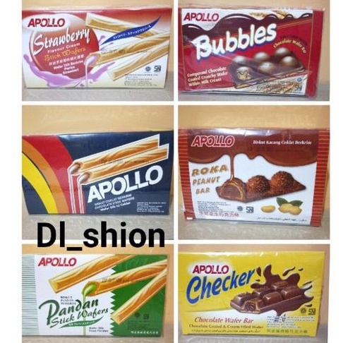 

Apollo Wafer Stick Coklat Strawberry Pandan / Apollo Bubbles / Apollo Roka Peanut Bar Checker Choco
