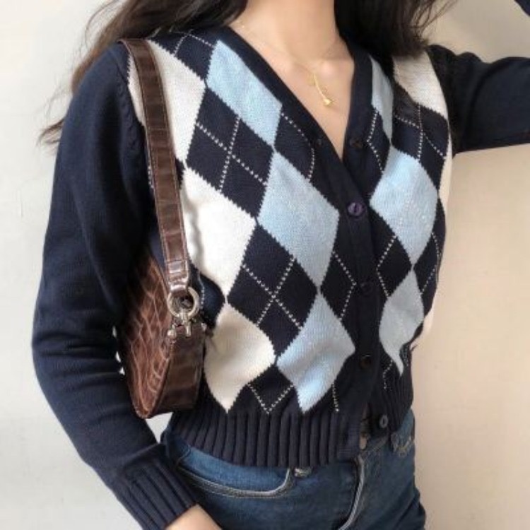 NINI Cardigan Crop Vest Rompi Argyle V Neck Motif Sweater Kotak Rajut Wanita Korea