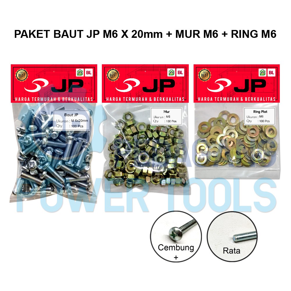 PAKET 3 SET JP M 6x20 BAUT MUR RING PLAT M 6 x 20 MUR M6 ISI 100 PCS