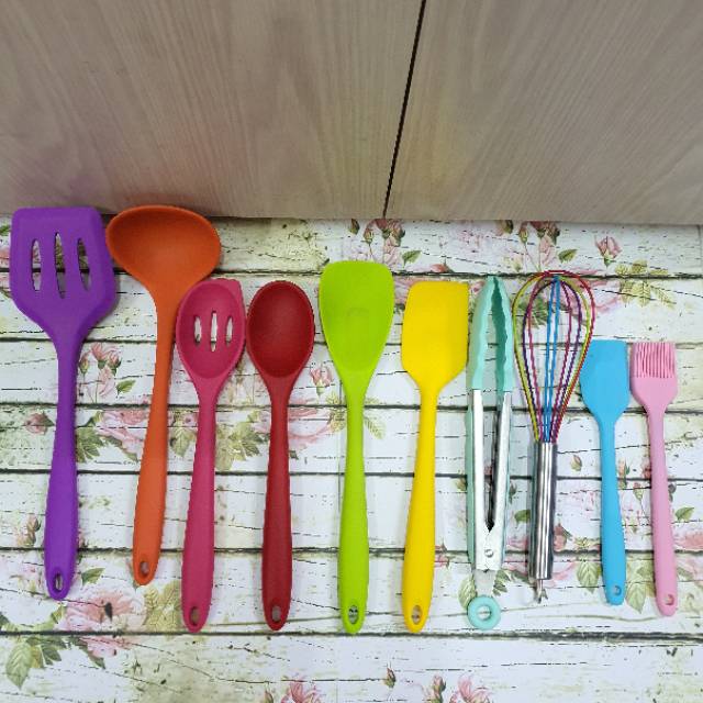 Rainbow silicone spatula cooking utensil set 10s / alat masak tanpa sambungan