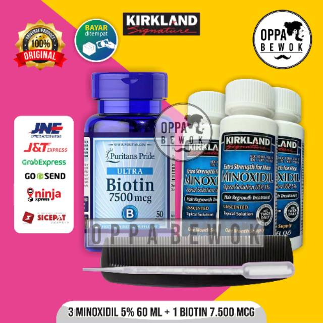 PAKET MURAH 3 BOTOL MINOXIDIL DAN 1 BOTOL BIOTIN 7500mcg (penumbuh rambut brewok alis kumis jenggot)