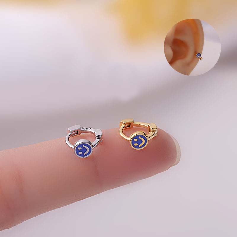 1 Pc Anting Bulat Mini Motif Emoji Bahan Tembaga Hias Batu Zircon Ukuran 5mm Untuk Wanita