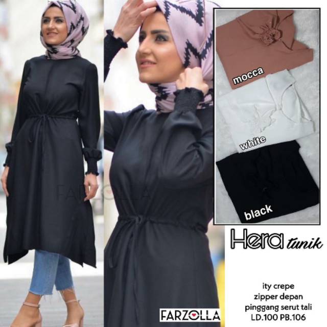 Tunik Crepe Zipper Depan Pinggang Serut Tali Baju Wanita Pesta Kain Nyaman Fashionable