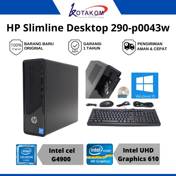 PC HP Slimline Desktop 290-p0043w Intel G4900 - Ram 4GB - 500GB HDD + Slot SSD - Windows 10