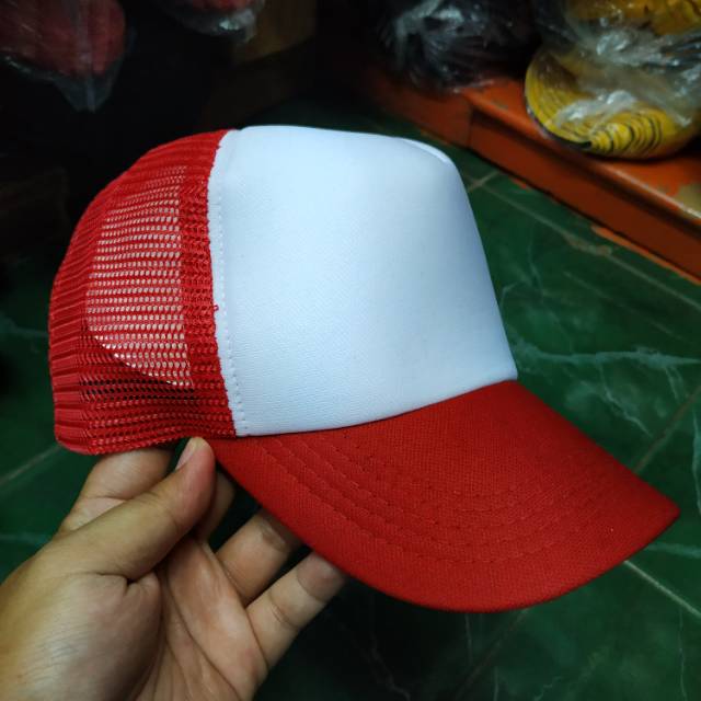 Topi Trucker Kombinasi Merah Putih Merah | Topi Jaring Polos | Topi Cuttingan