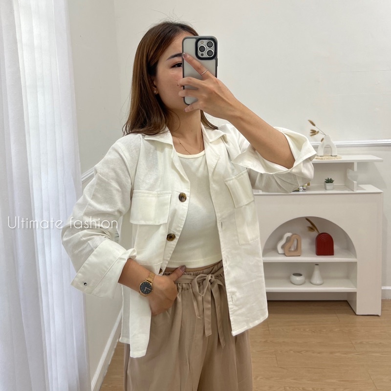 Kemeja Ghea Crop Top Linen Premium Pocket - Atasan Wanita - Kardigan - Outer 226