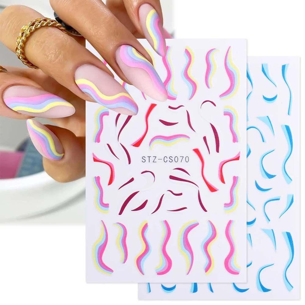 AUGUSTINA Agustin 3D Stiker Nail Art Pink Putih Swirl Wave Lines Sliders Decals DIY Aksesoris Nail Art