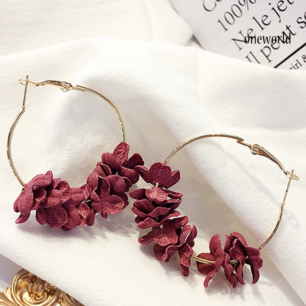 OW@ Women Fashion Metal Plated Dried Flower Round Hoop Earrings Party Jewelry Gift