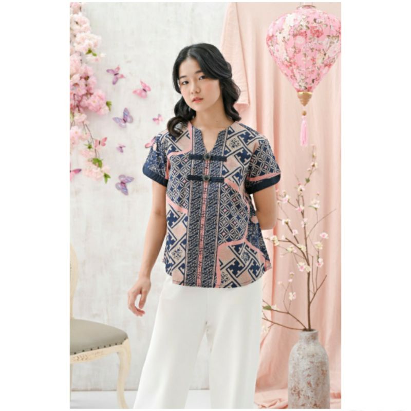 Atasan Blouse Batik Wanita Lengan Pendek Edisi Imlek Bahan Katun Stretch, 208 BNI#-2