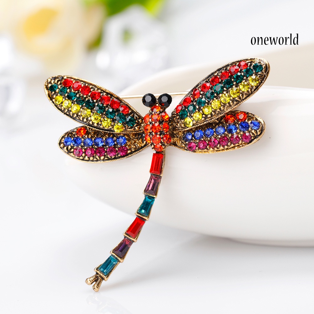 OW@ Women Vintage Multicolor Rhinestone Dragonfly Insect Scarf Accessory Brooch Pin