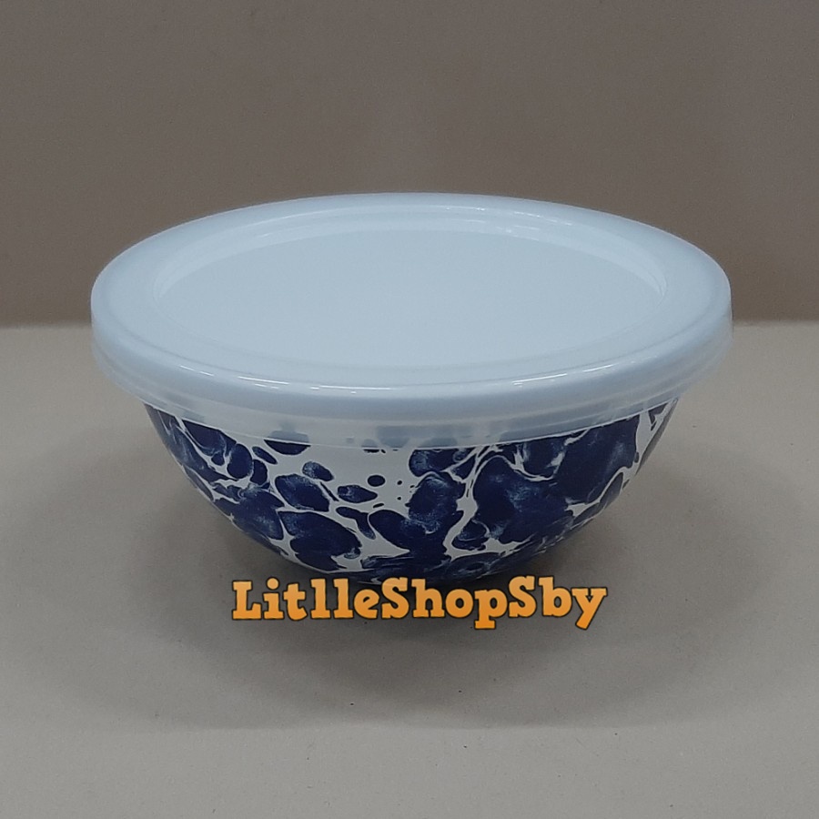 Mangkok Mini Cekung Enamel Bowl 11.5cm Biru Blirik Tutup Plastik