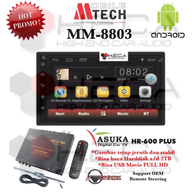 Paket Mtech MM-8803 Android Head Unit Double Din Tape Mobil MM 8803 & ASUKA HR-600 TV Tuner Digital