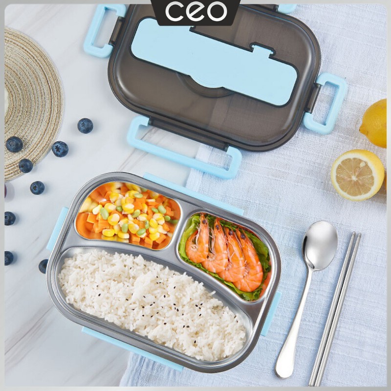 CEO Tempat Makan Stainless Steel Lunch Box Stainless Steel Kotak Makan - Varian 3 Sekat, Merah Muda