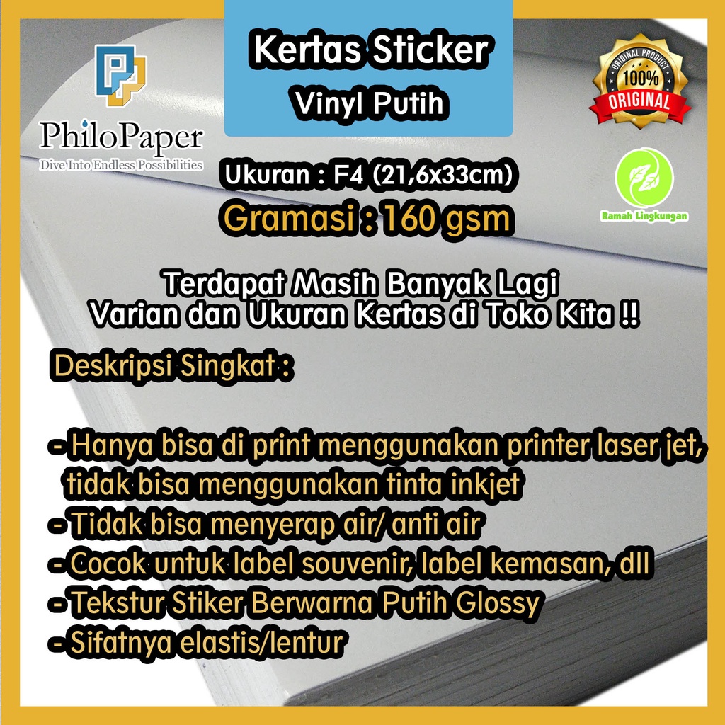 

Kertas Sticker Vinyl Putih 160 Gsm F4