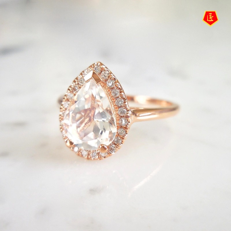 [Ready Stock]Personality 18K Rose Gold Drop-Shaped Diamond-Studded Ring