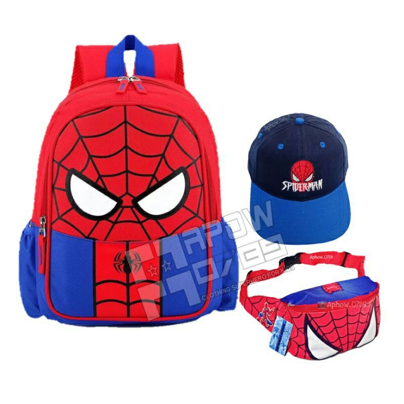 3in1 tas ransel anak topi dan tas selempang anak laki laki karakter spiderman waistbag anak tas punggung anak topi anak laki