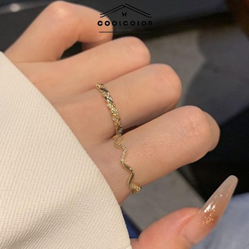 COD❤️2 PCS/SET Cahaya Mewah Wanita High-end Super Indah Bergaris Gelombang Cincin Pembukaan Temperamen Fashion Ring Jewelry Perhiasan Aksesoris Hadiah Ulang Tahun