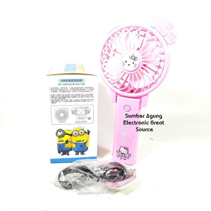 KF06 Tesla Cartoon Charging Fan Hello Kitty Kipas Mini Pegangan Portab