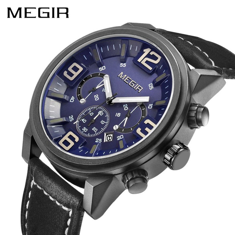 MEGIR 3010 Jam Tangan Pria Analog Chronograph Tali Kulit WATCHKITE WKOS