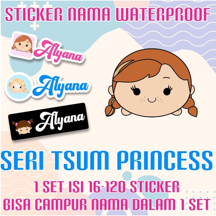 

[14-120 pcs] Sticker Nama Custom Waterproof Tsum-tsum Princess