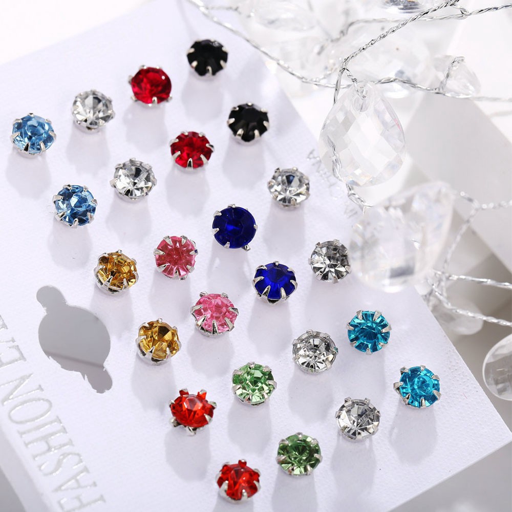 12 Pasang / Set Anting Tusuk Bentuk Bulat Geometris Aksen Kristal Warna-Warni Untuk Wanita