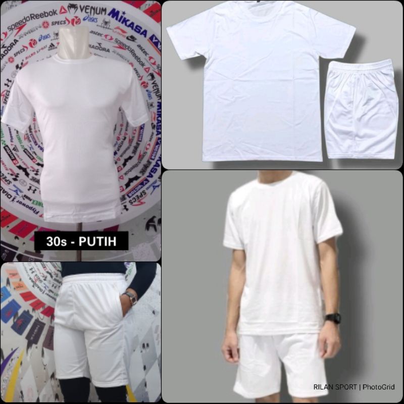 Setelan baju celana putih polos kaos training pendek tes akademi polisi tes masuk polri tni celana kaos polos putih seragam olahraga katun poliester ddr atasan bawahan pria white plan size L XL jember sport online jawa timur JSO