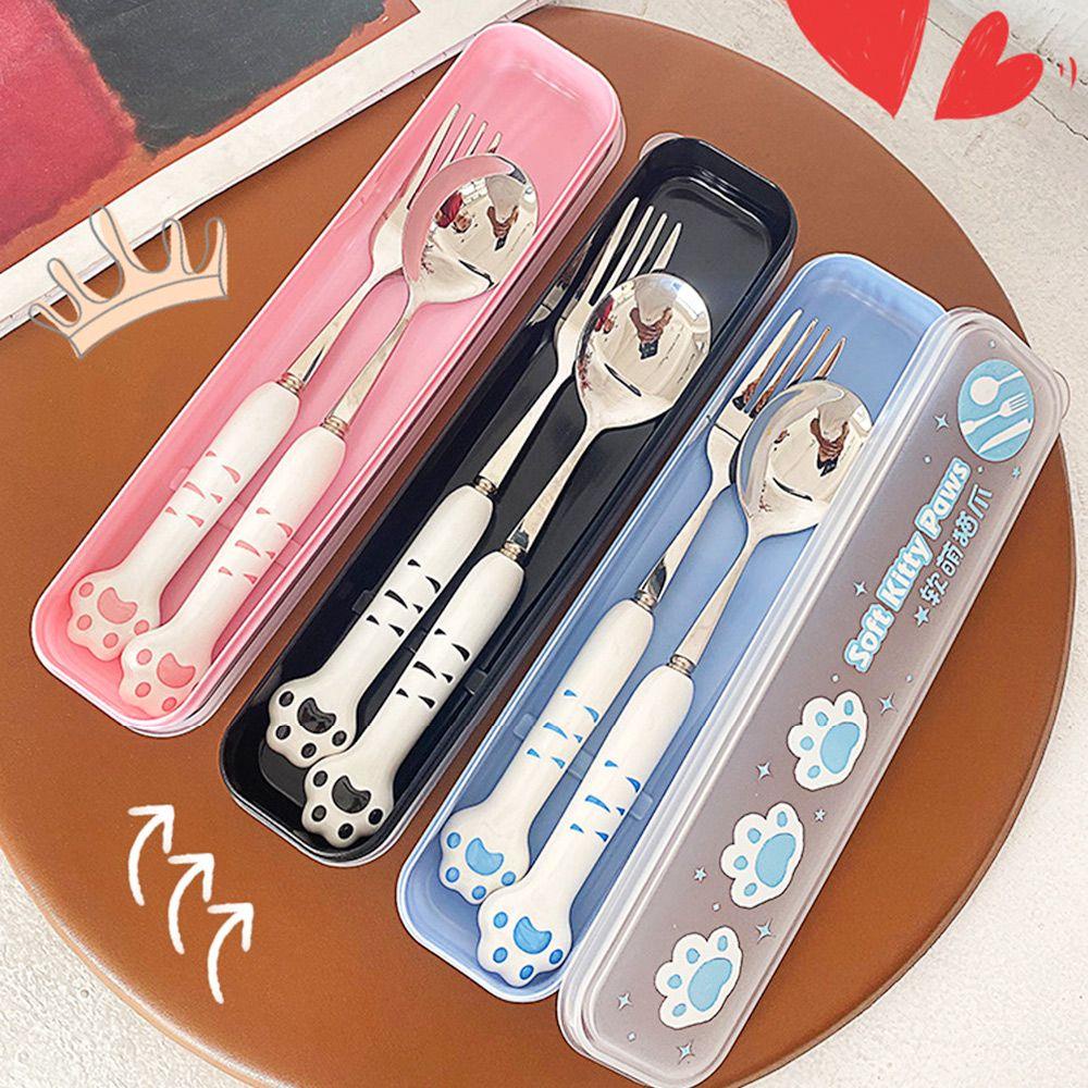 CHOOKYY Set Alat Makan Cat Paw Outdoor Dengan Kotak Penyimpanan Piknik Camping Travel Set Peralatan Makan Stainless Steel