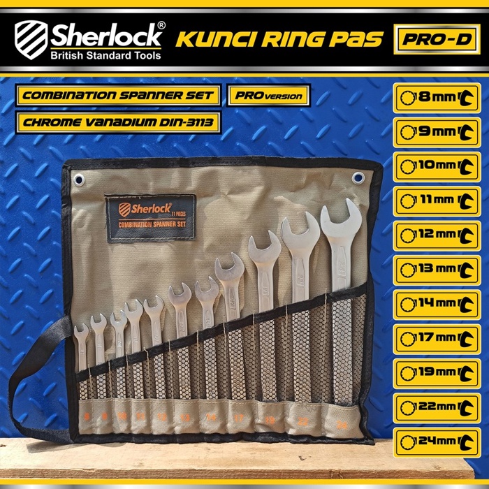 Kunci Ring Pas Set (11 pcs) Sherlock PRO-D 8mm -24 mm Chrume Vanadium DIN-3113