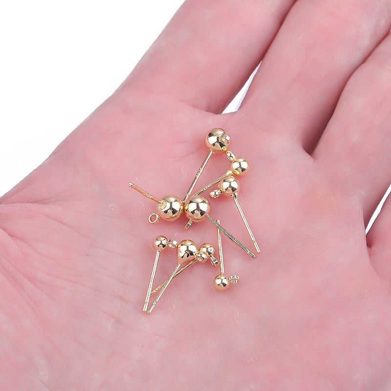 10pcs Anting Stud Bola Bulat Lapis Emas 18k Dengan Konektor Dasar Anting Loop Untuk Membuat Perhiasan