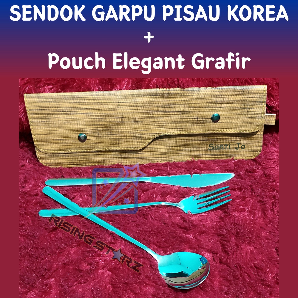 set sendok garpu pisau korea polos + pouch elegant grafir nama