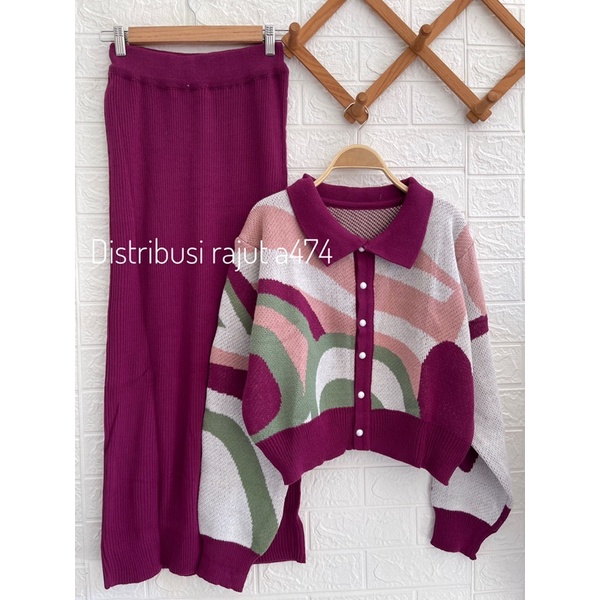 SERBA MAGENTAH ONESET CARDIGAN SWEATER SETELAN KULOT DAN ROK
