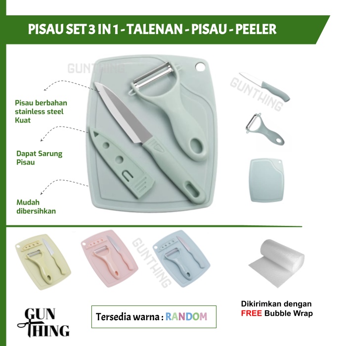 Pisau Set Ceramic 3 in 1 Talenan Pisau Peeler/Pengupas Buah Ceramic warna RANDOM, MURAH