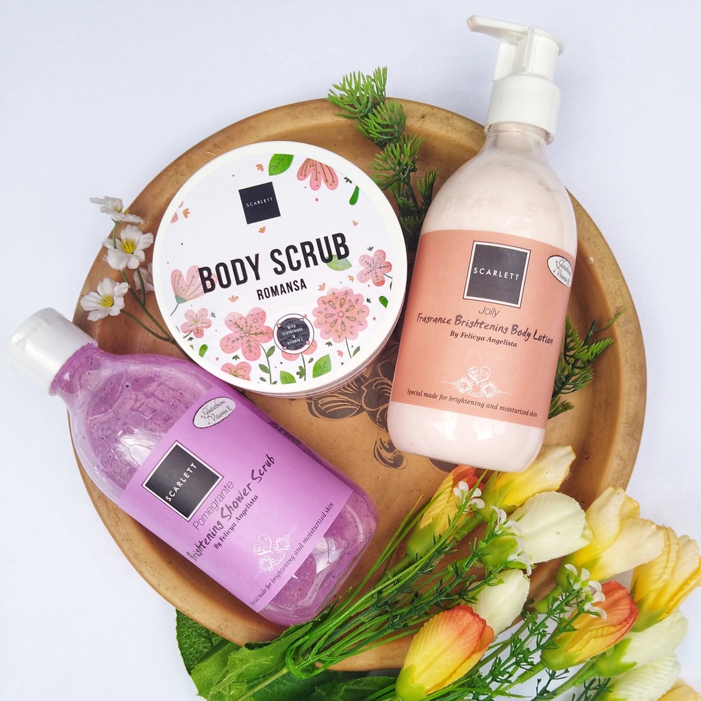 PAKET SCARLETT BRIGHTENING BODY SCRUB ROMANSA + SHOWER SCRUB POMEGRANTE + BODY LOTION CHARMING BPOM