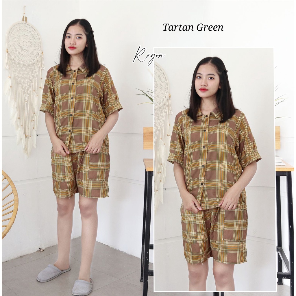 IZANY Piyama Dewasa Hotpant Lengan Balon / HP / Set Celana Pendek Dewasa banyak varian RAYON-TARTAN GREEN RA
