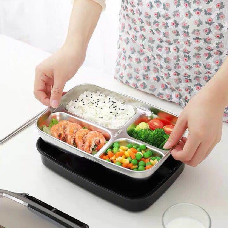 ONEUP Kotak Makan Stainless Steel Healthy Bento Lunch Box 1000ml 3 Grid with Spoon &amp; Chopstick