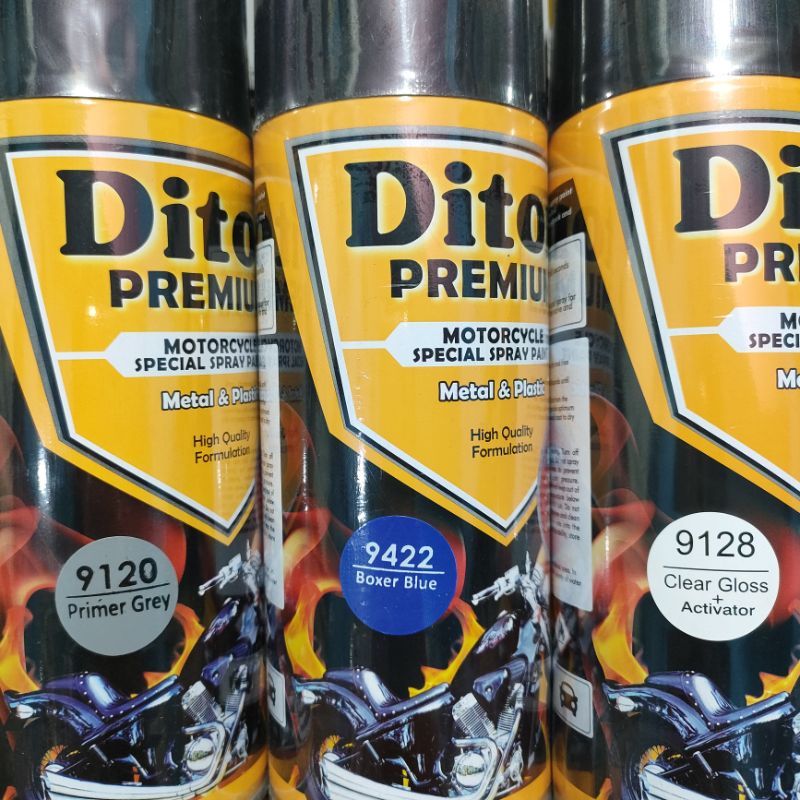 Pilok Paket Lengkap Cat Diton Premium Primer Grey 9120 Boxer Blue 9422 Clear Gloss 9128 400cc.. Pilok Paketan Boxer Blue Cat Semprot Diton Premium 400cc