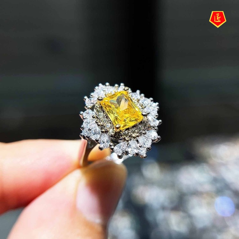 [Ready Stock]Women's Fashion Luxury Full Diamond Yellow Diamond Colored Gems Ring