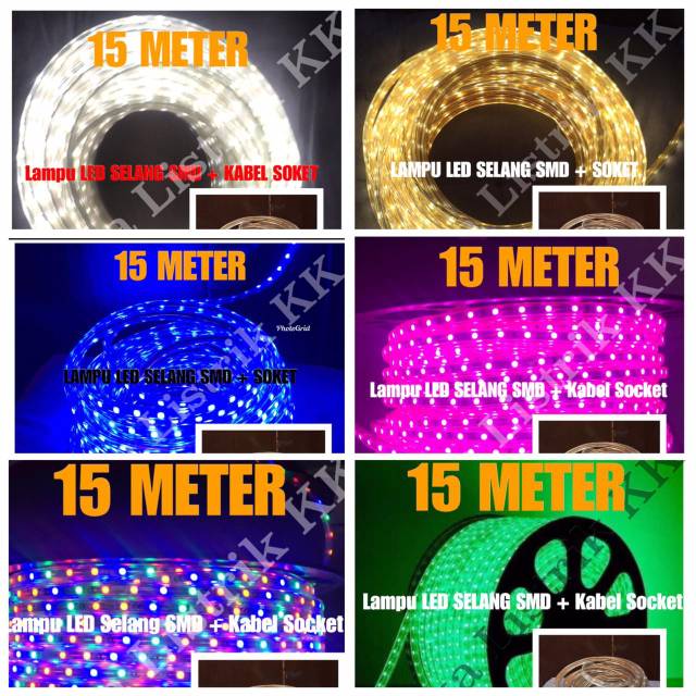 Lampu LED STRIP SELANG SMD 5050 15M 220V OUTDOOR PUTIH KUNING BIRU HIJAU UNGU PINK WARNA WARNI  RGB