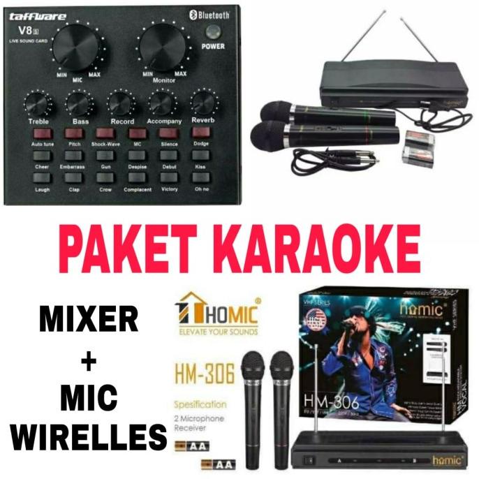 Mixer Amplifier Mini Paket Mic Wireless Karaoke Tafstudio v8+ .