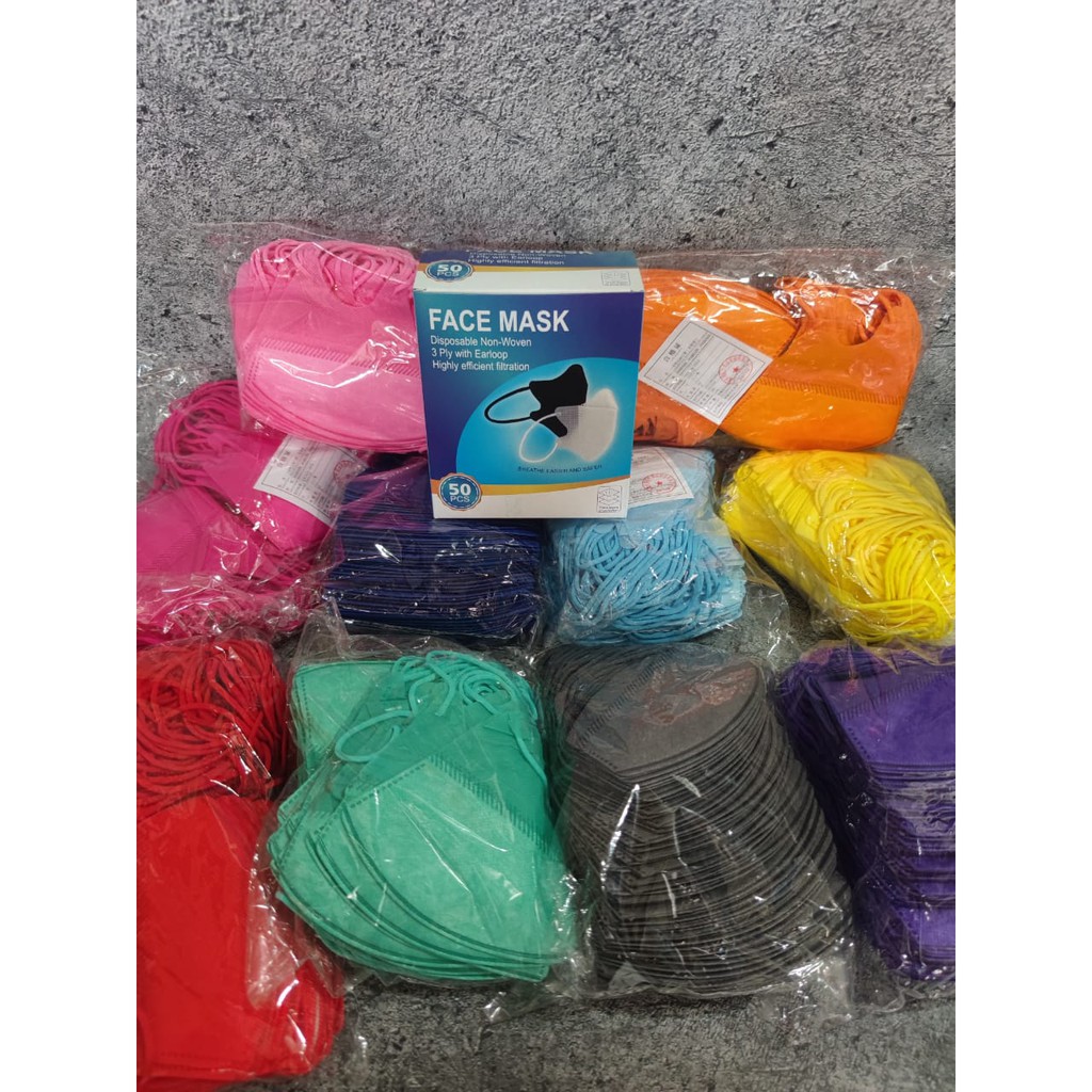 BOX 50 PC - MASKER DUCKBILL POLOS FACE MASK 10 WARNA TALI SENADA