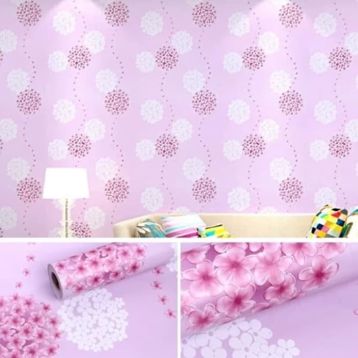 Wallpaper Dinding Stiker Motif Bunga Dandelion Pink Putih Ukuran 45 cm x 10 m