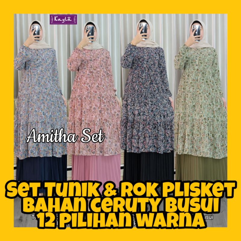 SET TUNIK ROK PLISKET PREMIUM BAJU SETELAN WANITA PRIYANKA AMITHA BAHAN CERUTY BABYDOLL MOTIF BUNGA 