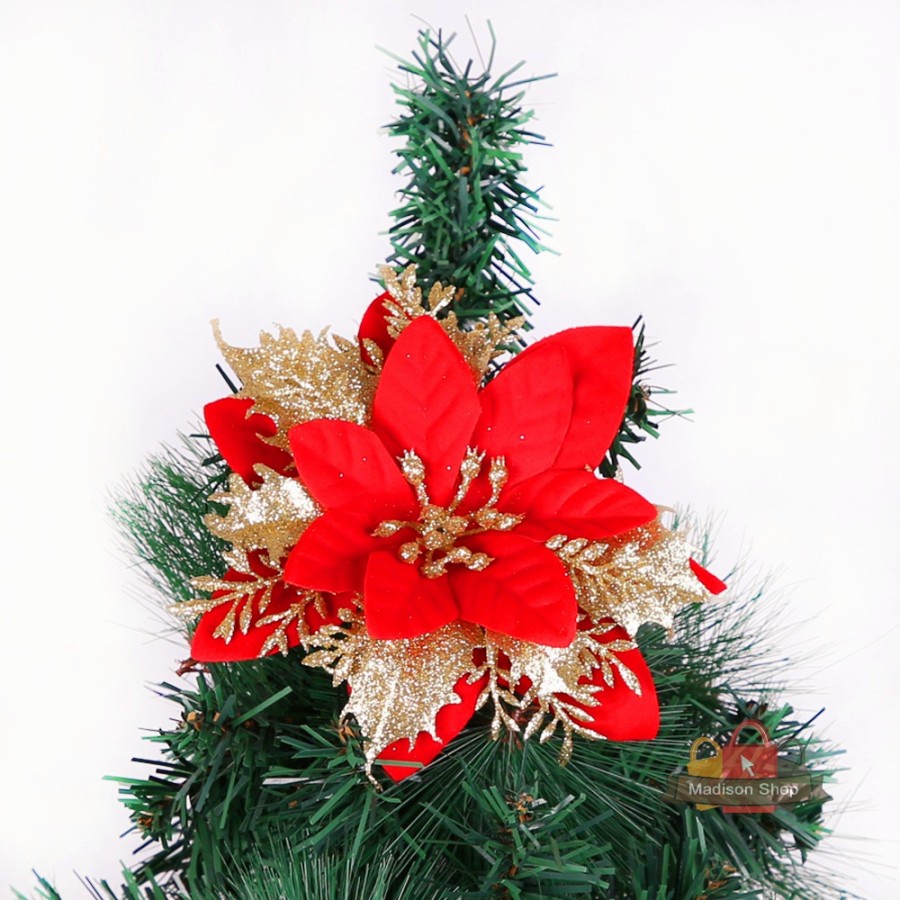 Bunga Natal Merah Gold Hiasan Parcel Christmas Flower Ponsetia Dekor