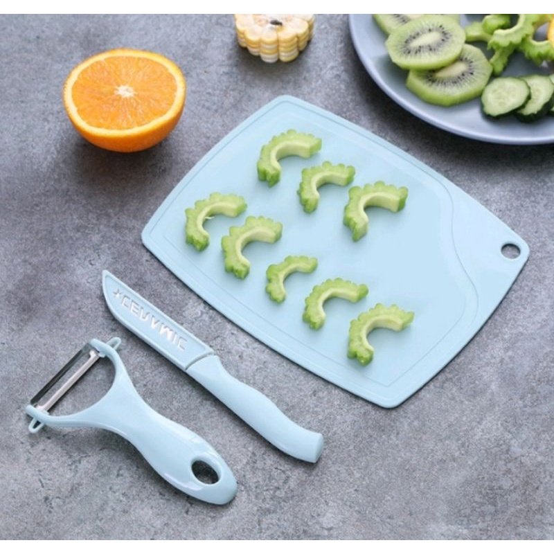 Q395 - Pisau Set Talenan 3 In 1/ Pisau Dapur Set / Talenan Pisau Pengupas Buah Stainless / Alat Dapu