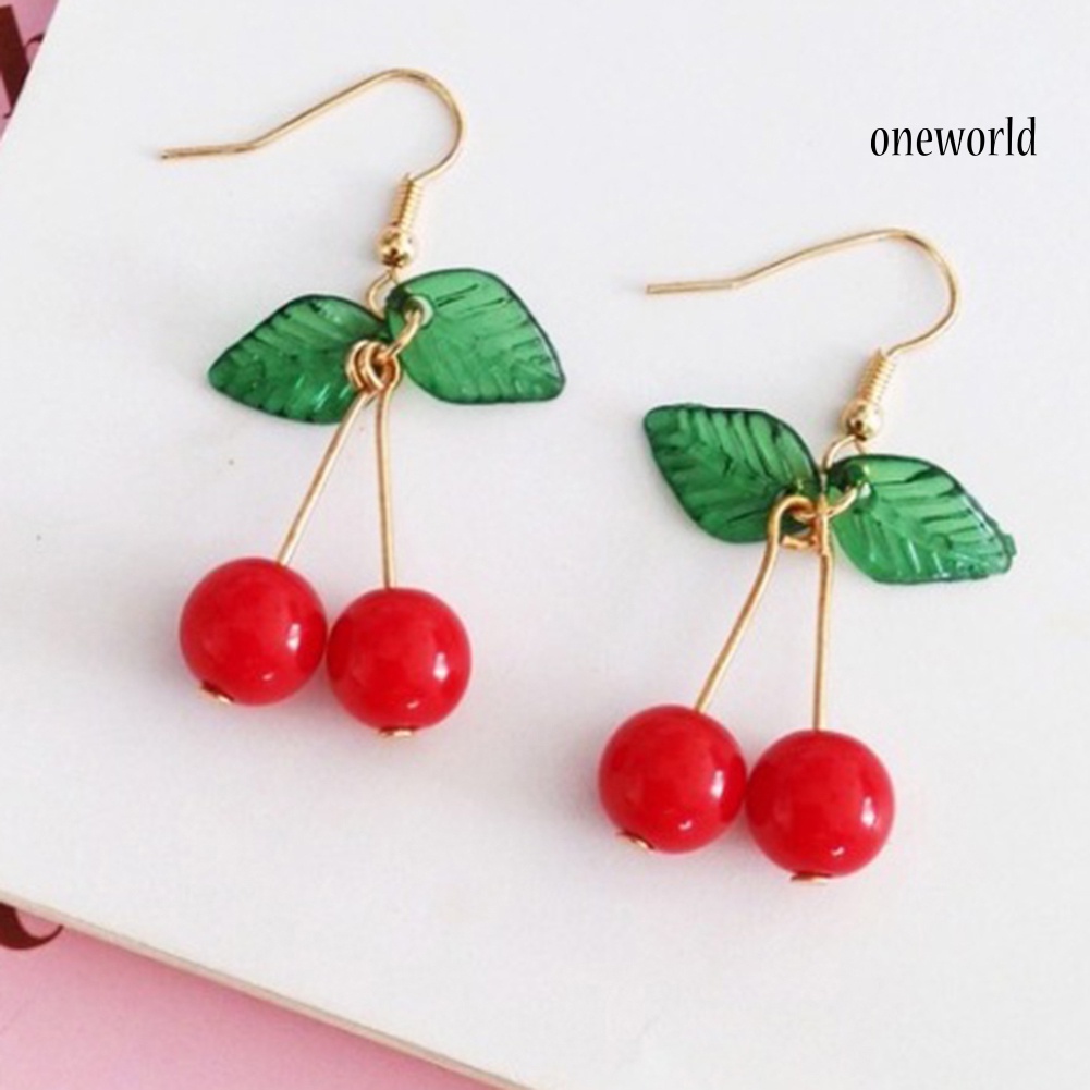 OW@ Sweet Fruit Green Leaf Red Cherry Dangle Women Ear Hook Clip Earrings Jewelry